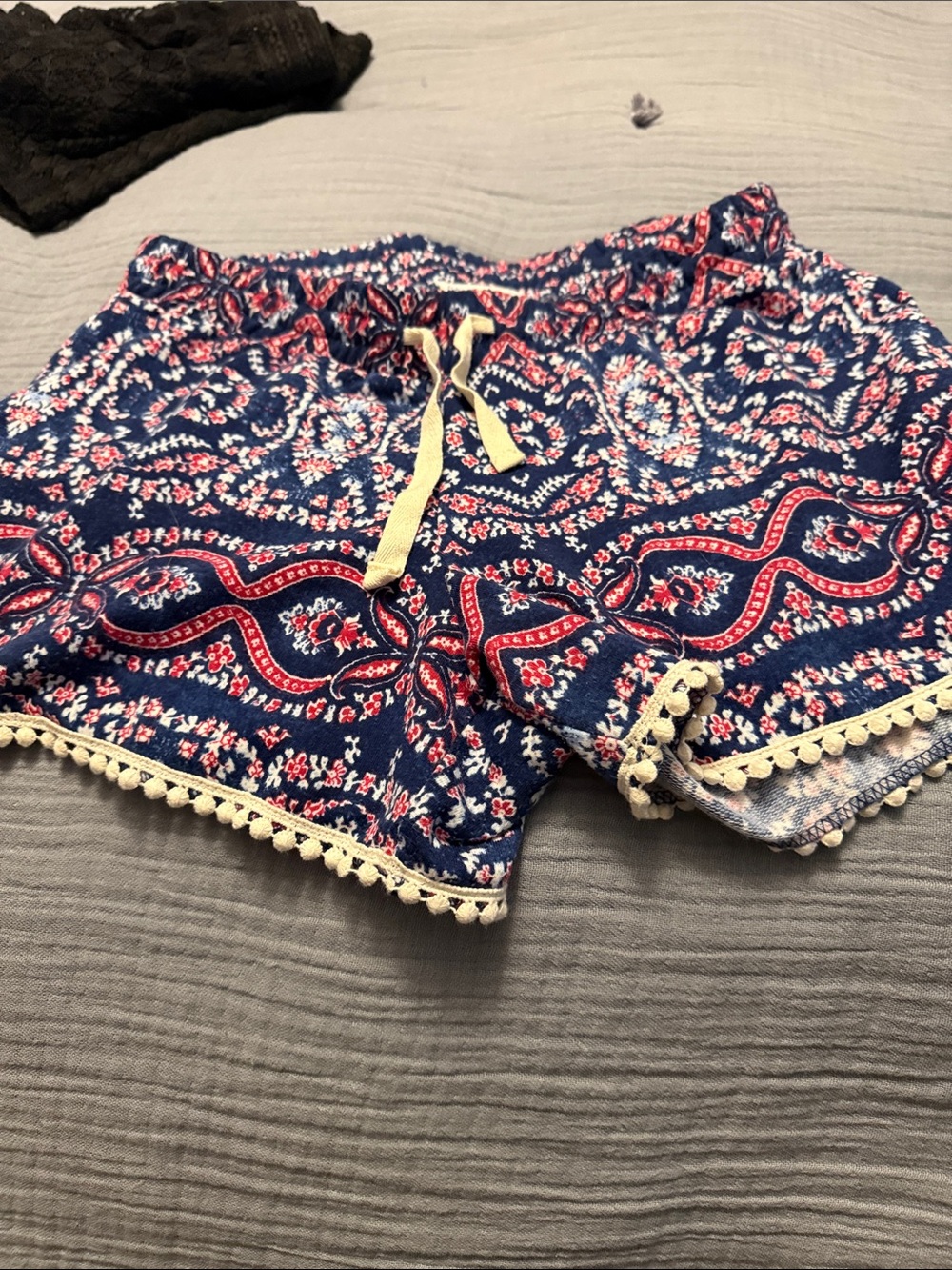 Cloud Chaser Navy Blue and Red Paisley Pom-Trim Shorts